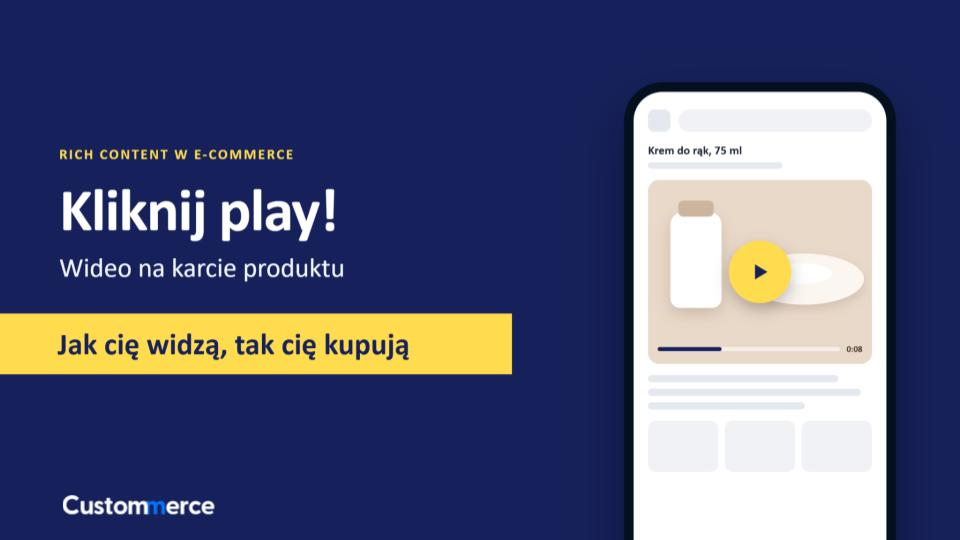 Grafika Custommerce z hasłem „Kliknij play! Wideo na karcie produktu” i sloganem „Jak cię widzą, tak cię kupują”. Obok telefon z kartą produktu kremu do rąk i osadzonym odtwarzaczem wideo.
